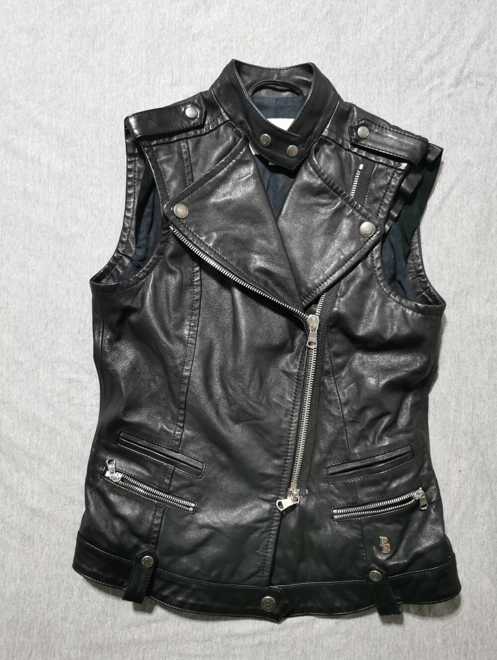 Pierre Balmain Men's Black Leather Sleeveless Moto Vest